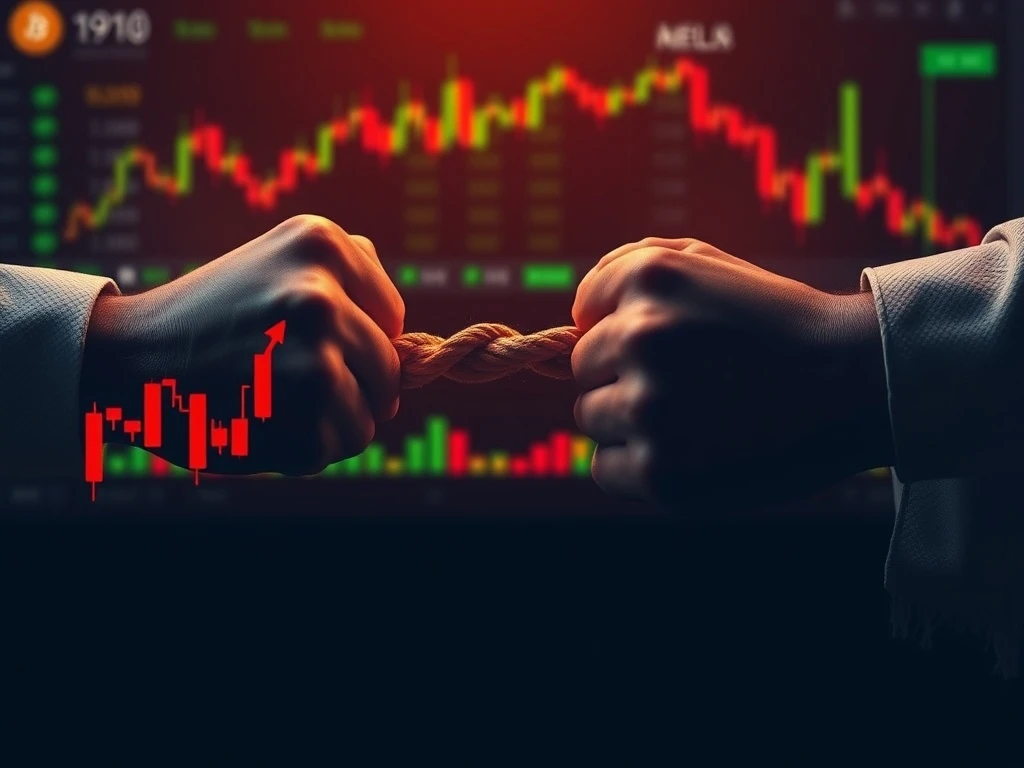 A visual metaphor showing the tension between falling Bitcoin futures open interest and a stable Bitcoin spot price, highlighting potential for a short squeeze.