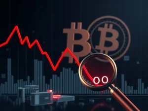 A downward-trending graph with Bitcoin futures data, symbolizing the intensified bearish pressure indicated by diving open interest.