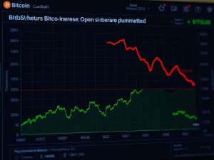A digital chart showing Bitcoin futures open interest plummeting, contrasting with a stable Bitcoin price graph, illustrating the critical bearish signal in crypto market analysis.