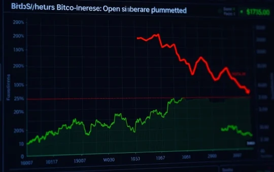 A digital chart showing Bitcoin futures open interest plummeting, contrasting with a stable Bitcoin price graph, illustrating the critical bearish signal in crypto market analysis.