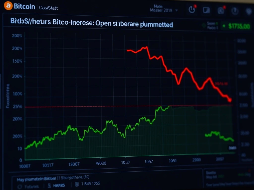 A digital chart showing Bitcoin futures open interest plummeting, contrasting with a stable Bitcoin price graph, illustrating the critical bearish signal in crypto market analysis.
