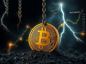 A chart showing Bitcoin futures open interest soaring, symbolizing intense pressure on Bitcoin price and potential for a short squeeze.