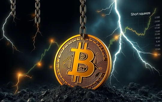 A chart showing Bitcoin futures open interest soaring, symbolizing intense pressure on Bitcoin price and potential for a short squeeze.