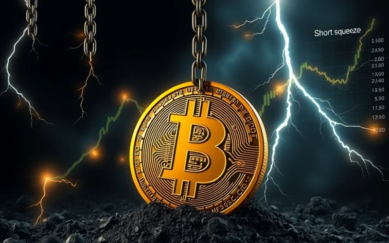 A chart showing Bitcoin futures open interest soaring, symbolizing intense pressure on Bitcoin price and potential for a short squeeze.