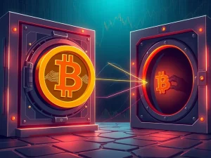 An illustration depicting a large Bitcoin transfer from a known exchange like Gemini to an unknown wallet, symbolizing a significant whale movement in the crypto market.