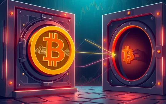 An illustration depicting a large Bitcoin transfer from a known exchange like Gemini to an unknown wallet, symbolizing a significant whale movement in the crypto market.