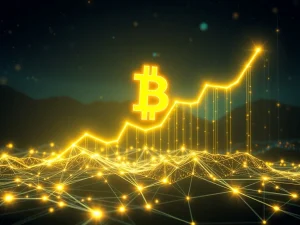 An abstract depiction of the Bitcoin hashrate increasing, showing powerful computational growth and enhanced network security for Bitcoin mining.