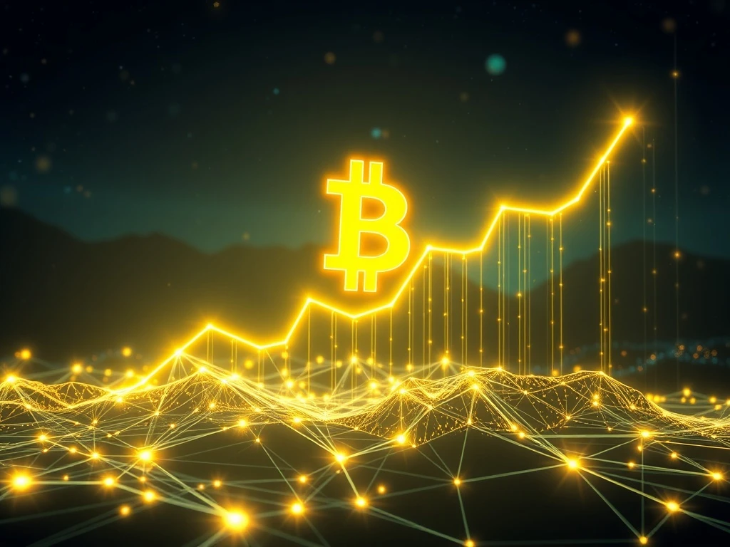 An abstract depiction of the Bitcoin hashrate increasing, showing powerful computational growth and enhanced network security for Bitcoin mining.