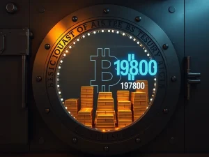 Secure vault representing the US government's stable 198,000 Bitcoin (BTC) holdings, reassuring crypto market stability.