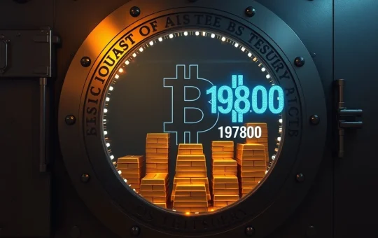 Secure vault representing the US government's stable 198,000 Bitcoin (BTC) holdings, reassuring crypto market stability.