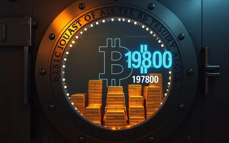 Secure vault representing the US government's stable 198,000 Bitcoin (BTC) holdings, reassuring crypto market stability.
