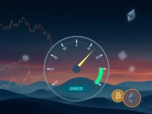 A digital meter illustrating the Bitcoin Fear & Greed Index, showing a decline towards caution amidst changing Bitcoin market sentiment.