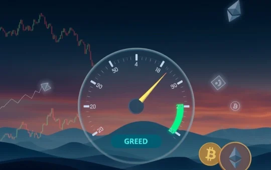 A digital meter illustrating the Bitcoin Fear & Greed Index, showing a decline towards caution amidst changing Bitcoin market sentiment.