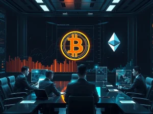 A diverse team of professionals collaborating in a modern office, surrounded by digital charts and blockchain symbols, representing the growing trend of Bitcoin institutional adoption and the rise of dedicated crypto teams within traditional enterprises.