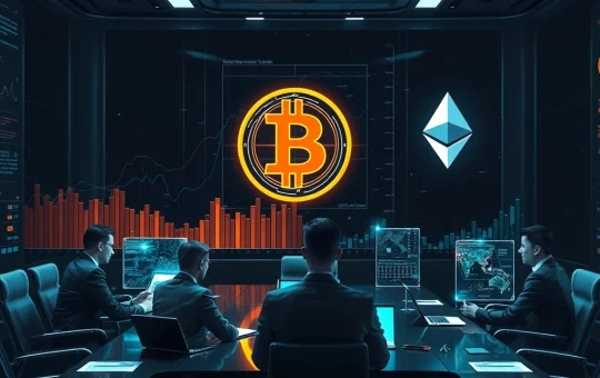 A diverse team of professionals collaborating in a modern office, surrounded by digital charts and blockchain symbols, representing the growing trend of Bitcoin institutional adoption and the rise of dedicated crypto teams within traditional enterprises.