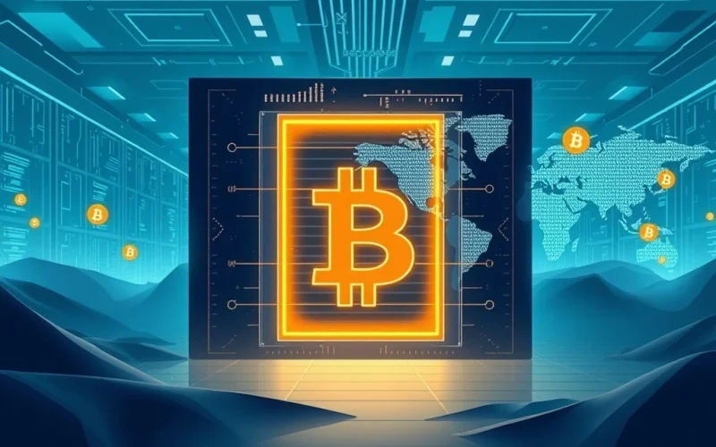 A digital representation of Bitcoin integrating into global financial systems, symbolizing its growing Bitcoin institutional adoption as a digital reserve.