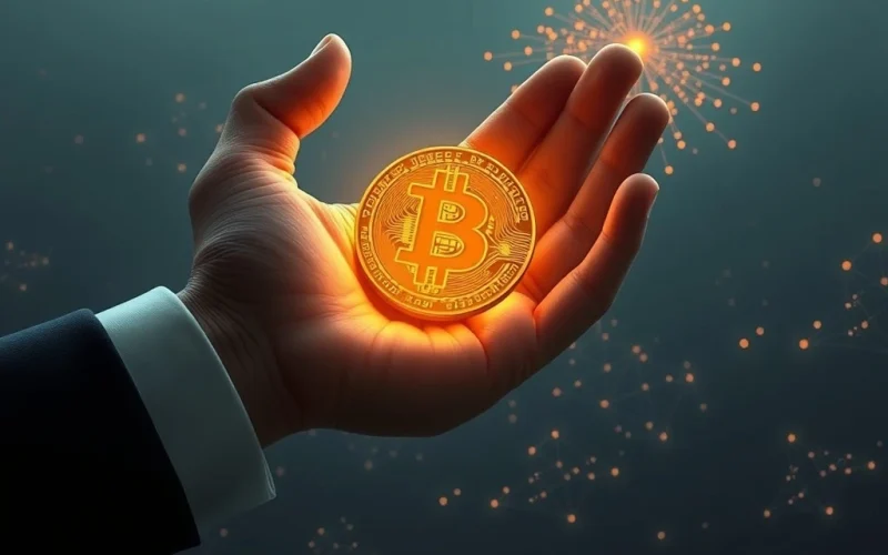 Bitcoin institutional adoption depicted by corporate hands holding a Bitcoin symbol, illustrating its profound impact on early believers and decentralization.