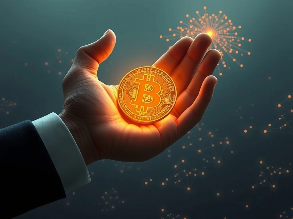 Bitcoin institutional adoption depicted by corporate hands holding a Bitcoin symbol, illustrating its profound impact on early believers and decentralization.