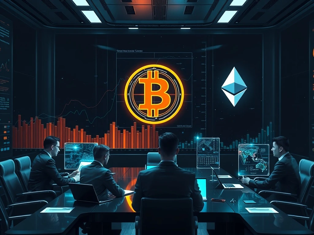 A diverse team of professionals collaborating in a modern office, surrounded by digital charts and blockchain symbols, representing the growing trend of Bitcoin institutional adoption and the rise of dedicated crypto teams within traditional enterprises.