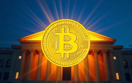 A powerful image representing Bitcoin's institutional recognition, with its logo blending into a classical building, symbolizing its alignment with Austrian School principles.