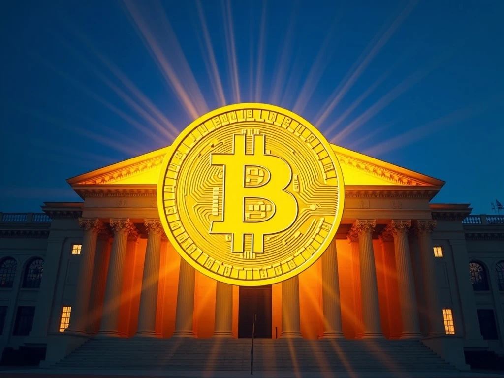 A powerful image representing Bitcoin's institutional recognition, with its logo blending into a classical building, symbolizing its alignment with Austrian School principles.
