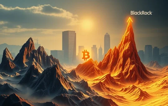 A visual representation of Bitcoin's price trajectory shifting from volatile peaks to a steady, upward trend, highlighting the impact of BlackRock ETF on institutional Bitcoin adoption.