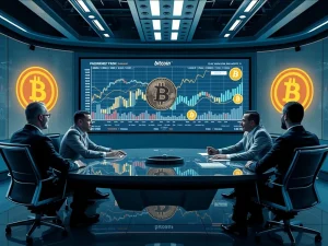 Corporate executives analyzing Bitcoin investment strategies in a modern boardroom