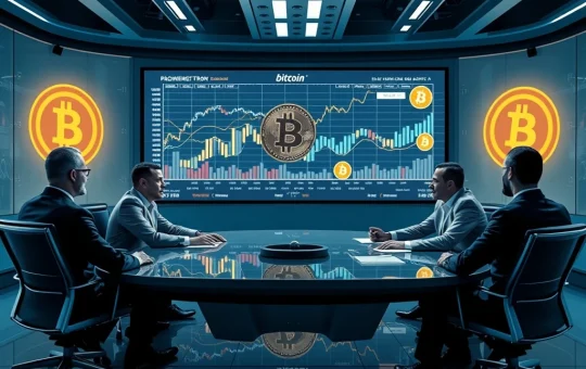 Corporate executives analyzing Bitcoin investment strategies in a modern boardroom