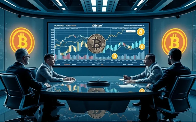 Corporate executives analyzing Bitcoin investment strategies in a modern boardroom