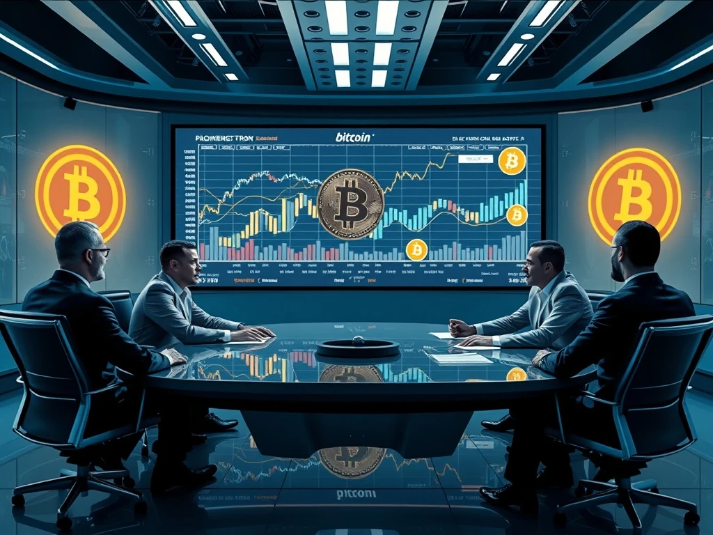 Corporate executives analyzing Bitcoin investment strategies in a modern boardroom