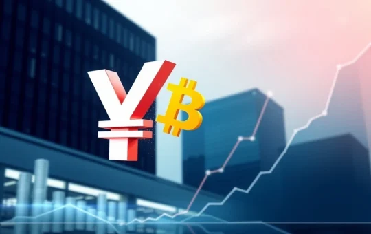 Illustrative image showing the convergence of Bitcoin and Japanese Yen symbols, representing Quantum Solutions' strategic corporate Bitcoin holdings amidst Yen depreciation.
