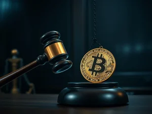 A judge's gavel striking next to a Bitcoin logo and handcuffs, symbolizing the legal challenges and bail denial in the New York Bitcoin kidnapping case.