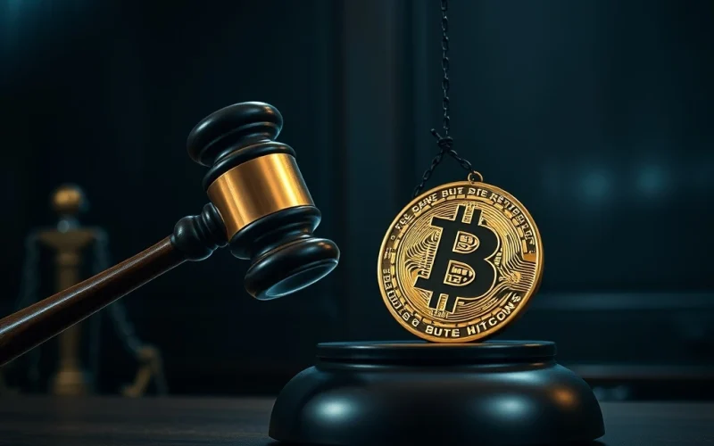 A judge's gavel striking next to a Bitcoin logo and handcuffs, symbolizing the legal challenges and bail denial in the New York Bitcoin kidnapping case.