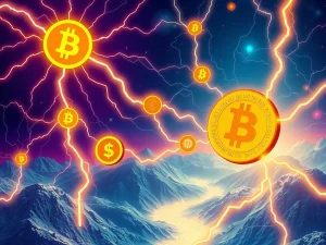 A visual representation of the Bitcoin Lightning Network rapidly connecting global currencies, illustrating its potential to revolutionize stablecoin volume and digital payments.