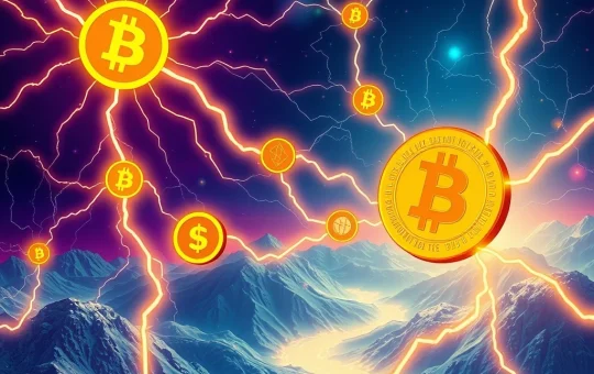 A visual representation of the Bitcoin Lightning Network rapidly connecting global currencies, illustrating its potential to revolutionize stablecoin volume and digital payments.