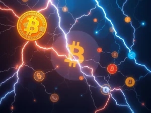 Illustration of Bitcoin Lightning Network rapidly processing stablecoin transactions, symbolizing its potential for significant growth and adoption.