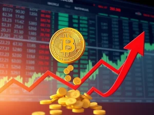 A visual representation of Bitcoin liquidation risk, showing a downward trend on a chart with money symbols draining away, highlighting market instability.