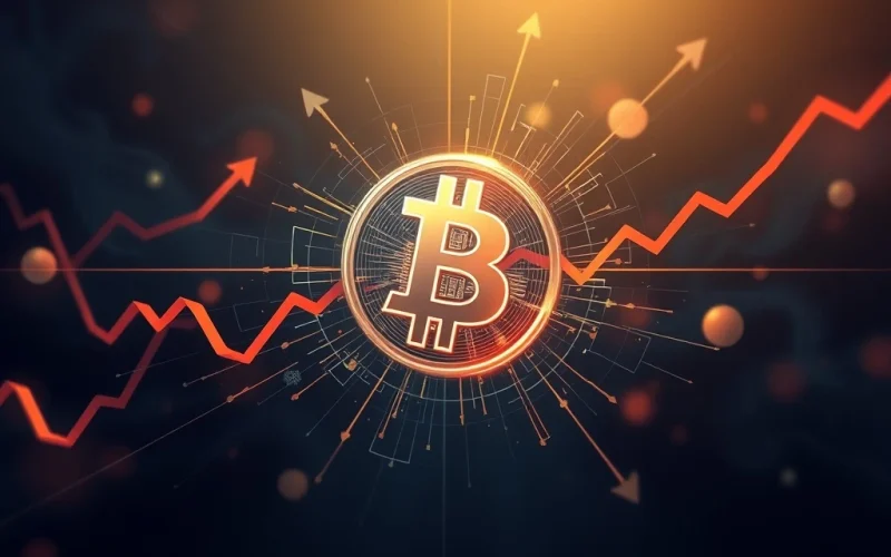 A graphic illustrating Bitcoin price volatility near critical liquidation zones, highlighting potential market swings for traders. Bitcoin News.