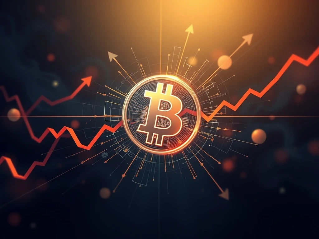 A graphic illustrating Bitcoin price volatility near critical liquidation zones, highlighting potential market swings for traders. Bitcoin News.