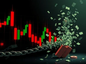 A chart showing a significant drop in Bitcoin price, illustrating the impact of Bitcoin liquidations and market volatility.