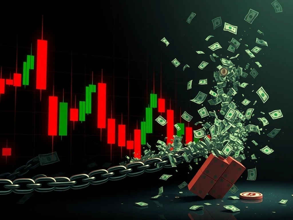 A chart showing a significant drop in Bitcoin price, illustrating the impact of Bitcoin liquidations and market volatility.
