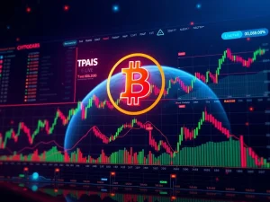 A dynamic digital interface showcasing real-time Bitcoin news and crypto market insights with charts and data.