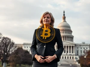 Senator Lummis advocating for a U.S. Bitcoin Reserve, symbolizing its role as an inflation hedge for national financial resilience.