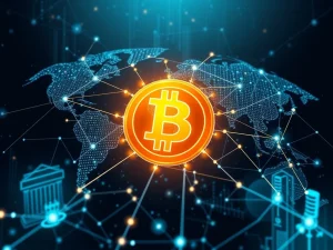 Bitcoin's decentralized blockchain reshaping global finance, symbolizing its transformative power and $1 trillion market cap.