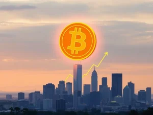 A visual representation of Bitcoin's market cap growth, with charts and institutional buildings, highlighting its monumental rise.