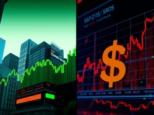 A visual representation of market divergence, showing traditional stock market gains (S&P 500, Nasdaq) contrasted with the challenges faced by Bitcoin News and crypto stocks amidst dollar strength.