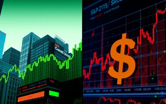 A visual representation of market divergence, showing traditional stock market gains (S&P 500, Nasdaq) contrasted with the challenges faced by Bitcoin News and crypto stocks amidst dollar strength.