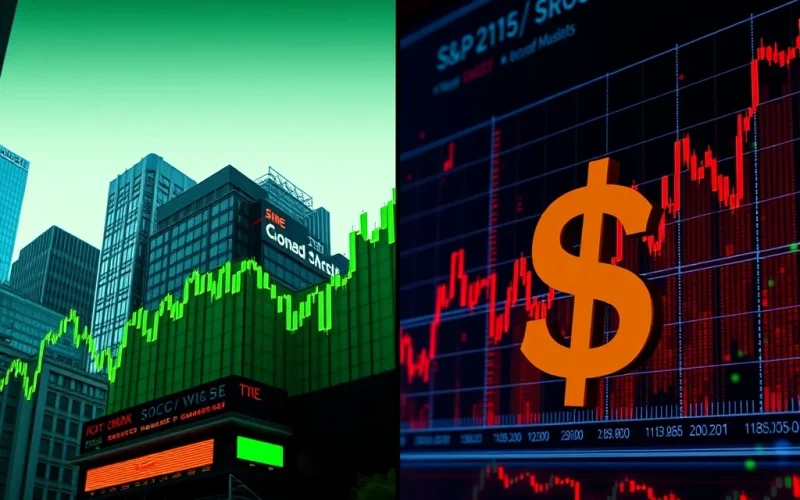 A visual representation of market divergence, showing traditional stock market gains (S&P 500, Nasdaq) contrasted with the challenges faced by Bitcoin News and crypto stocks amidst dollar strength.