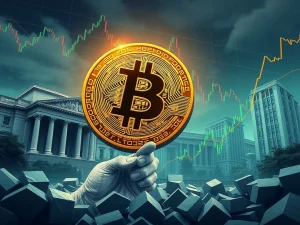 A visual metaphor for Bitcoin resilience, showing a strong, stable Bitcoin symbol amidst a dynamic financial landscape, signifying market maturity.