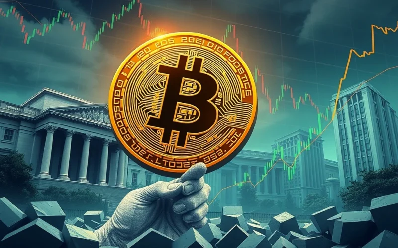 A visual metaphor for Bitcoin resilience, showing a strong, stable Bitcoin symbol amidst a dynamic financial landscape, signifying market maturity.